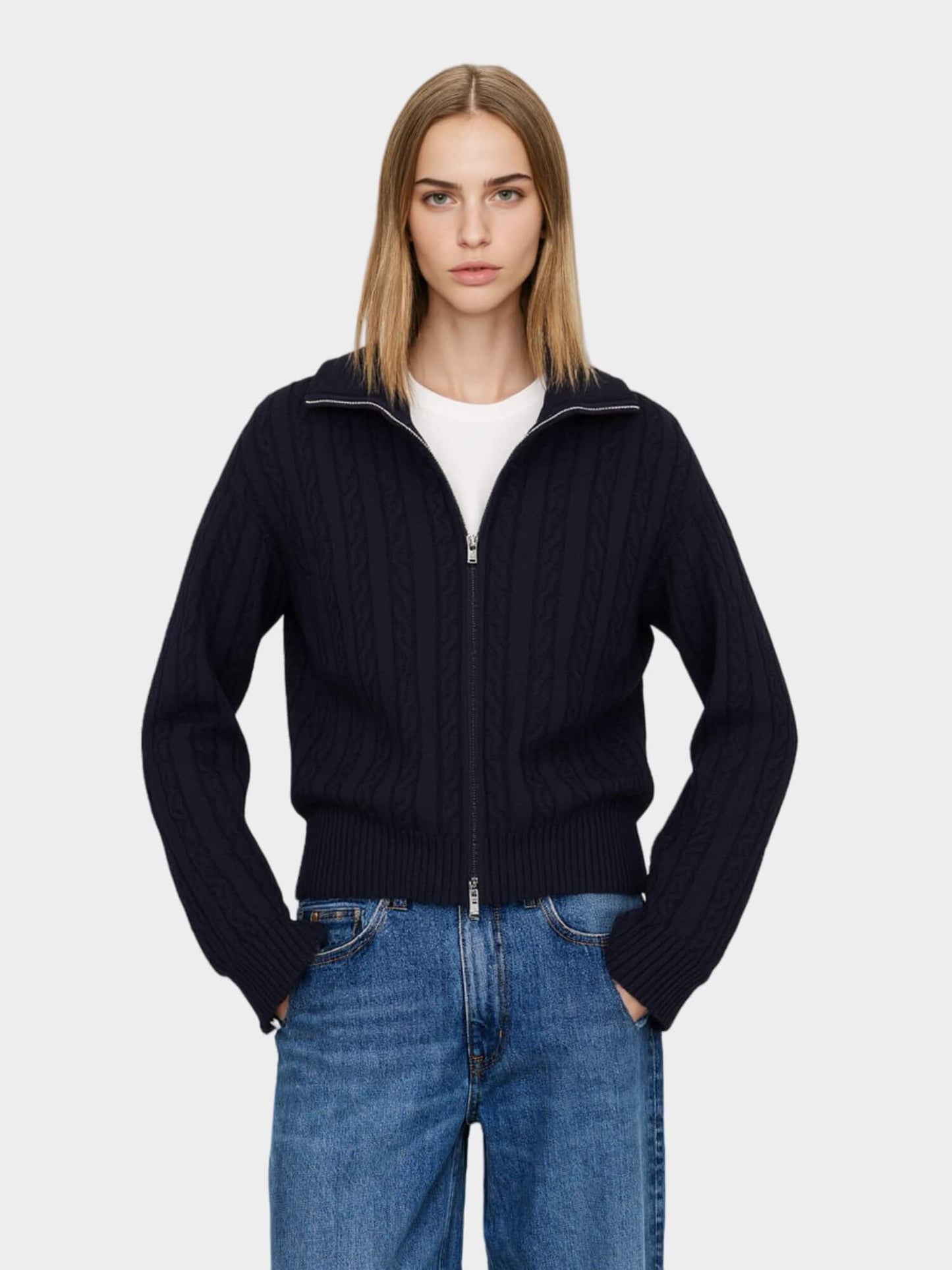 Cable Knit Zip-Up Cardigan