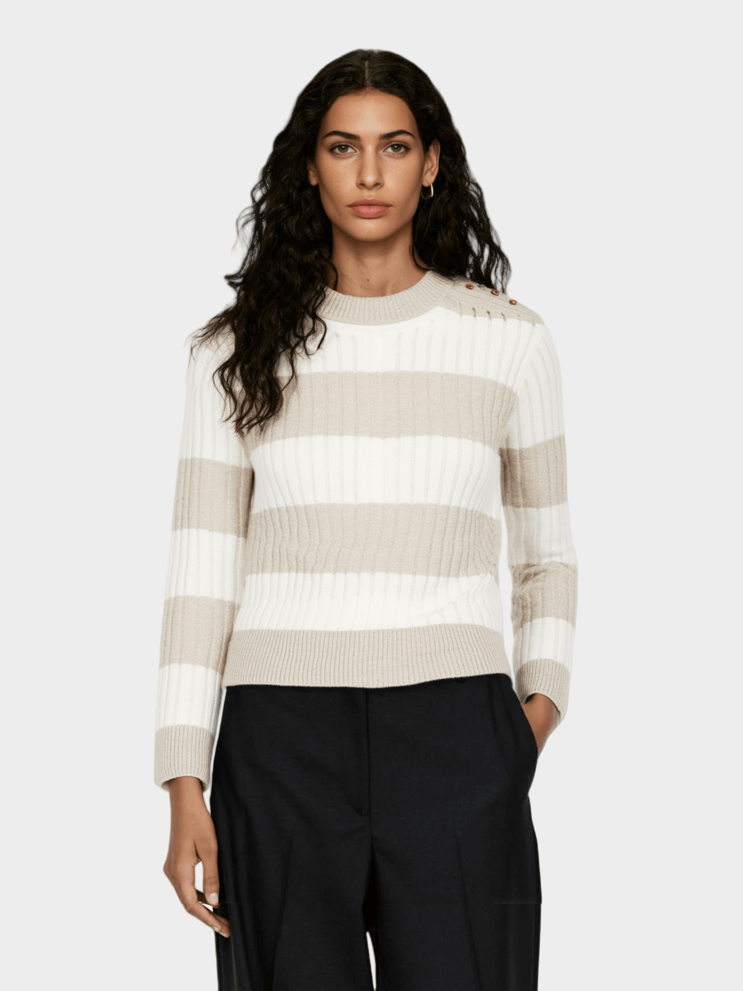 Striped Button Crew Neck Knit Sweater