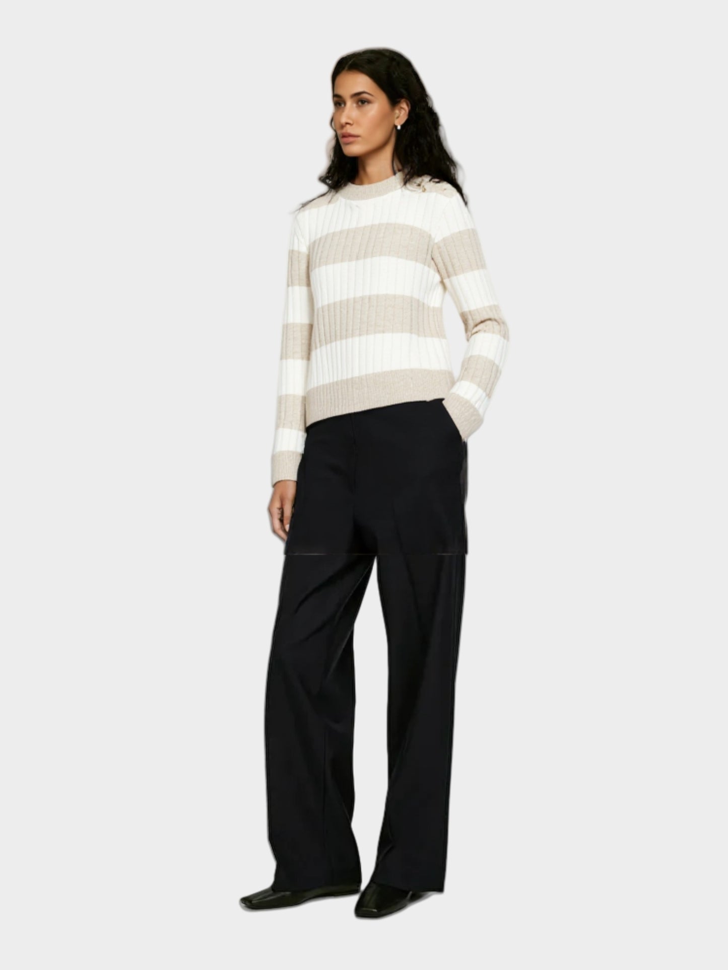 Striped Button Crew Neck Knit Sweater
