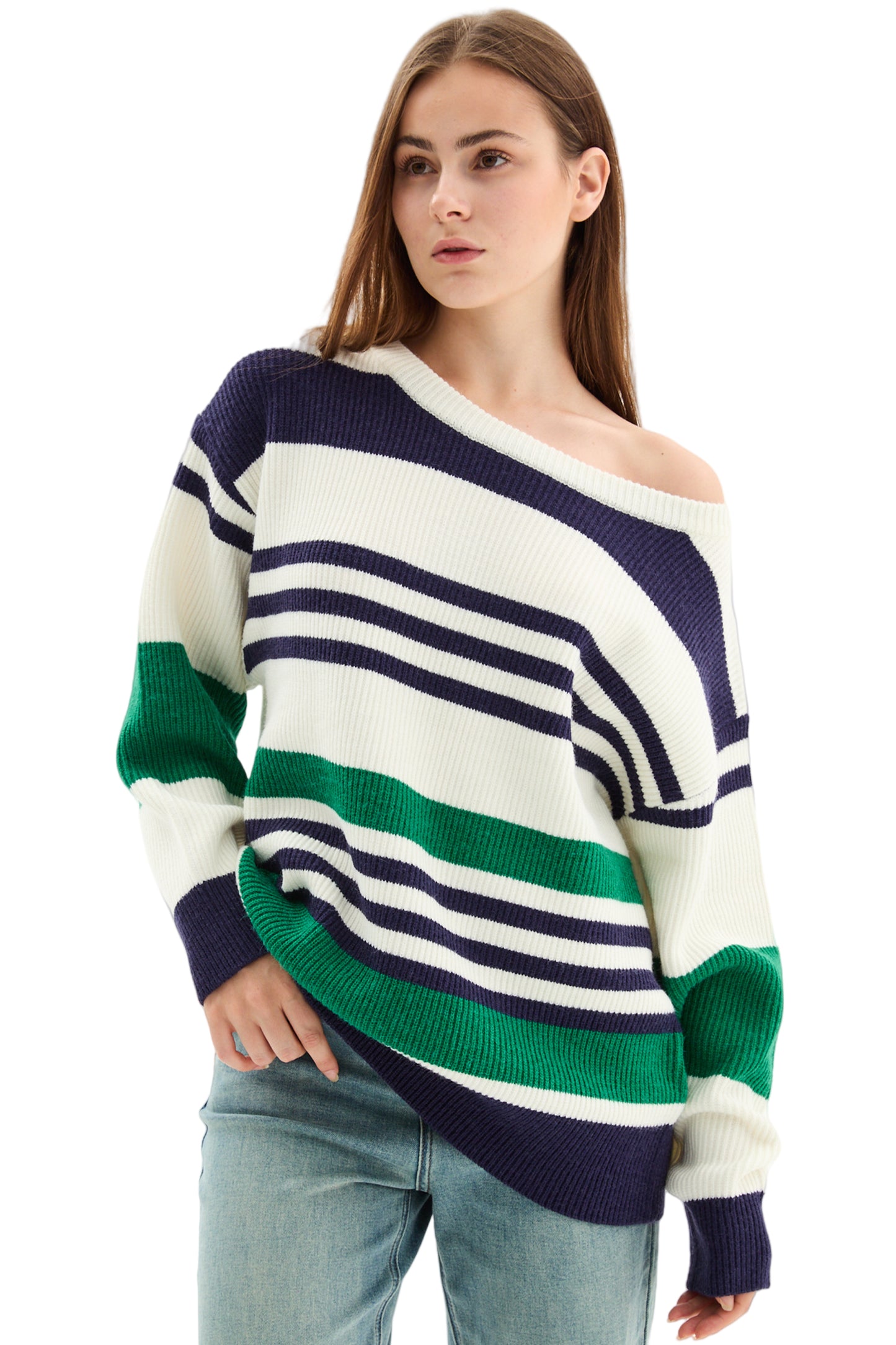 Striped Off-Shoulder Knit Sweater