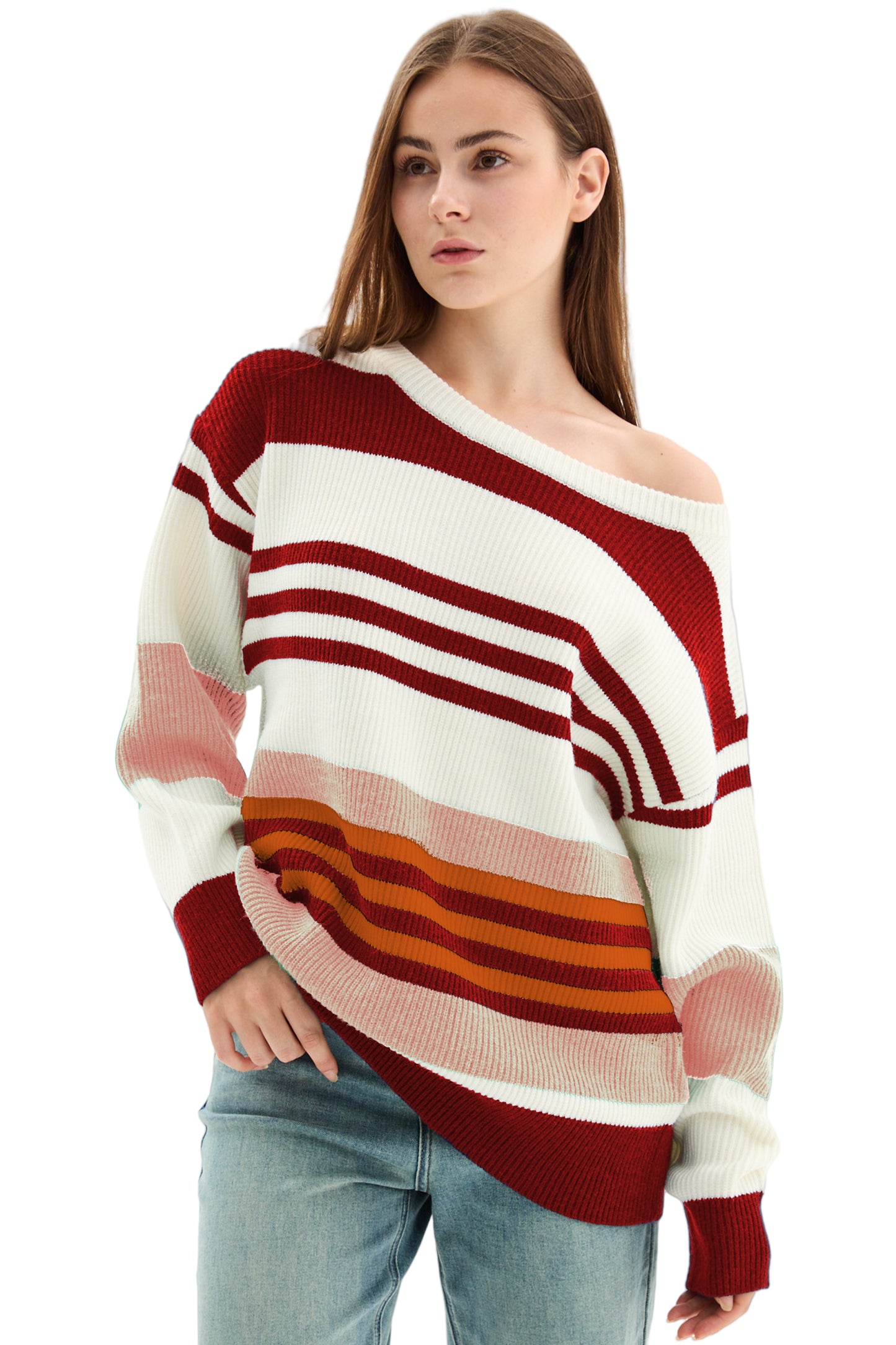 Striped Off-Shoulder Knit Sweater