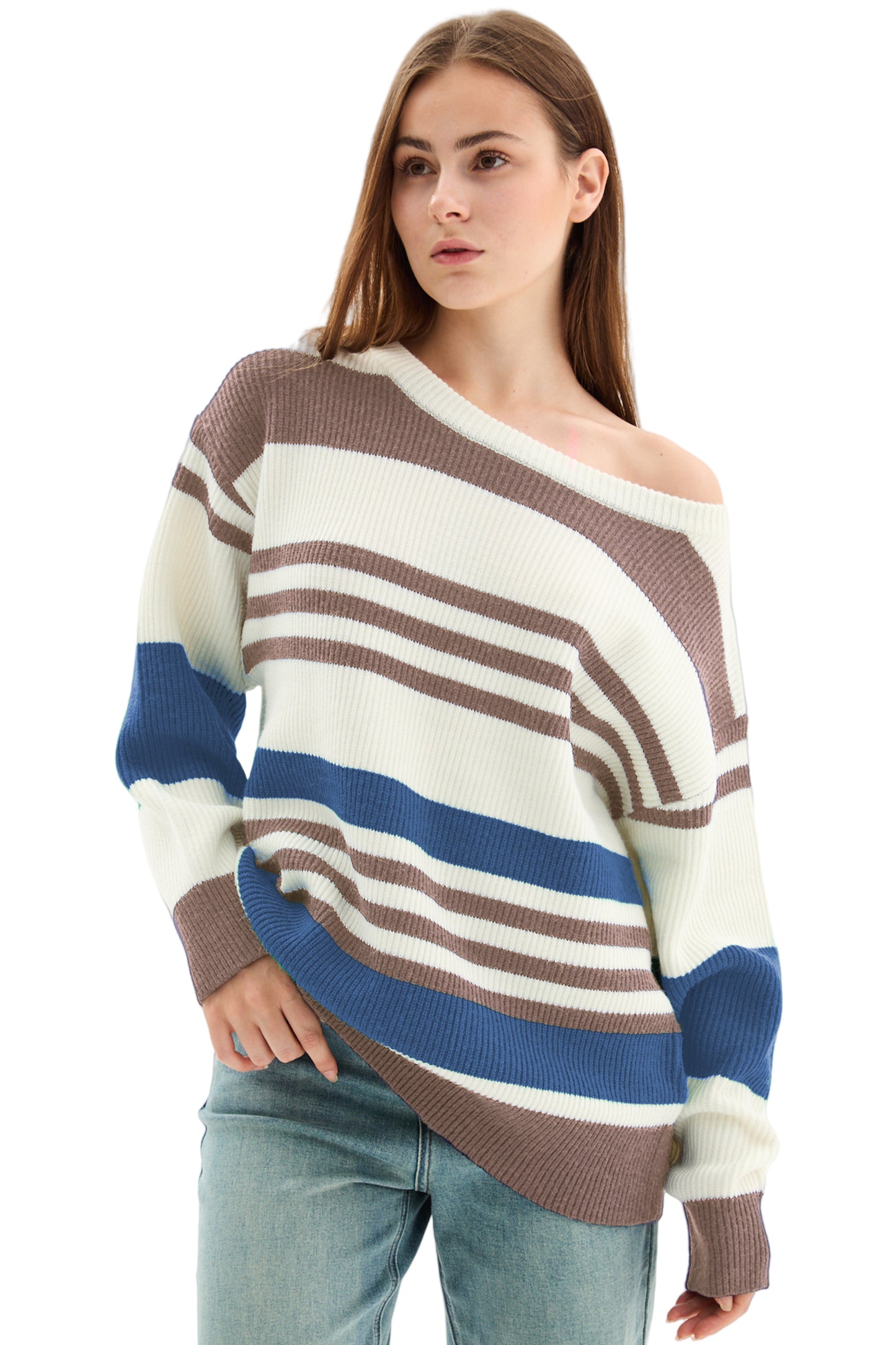 Striped Off-Shoulder Knit Sweater