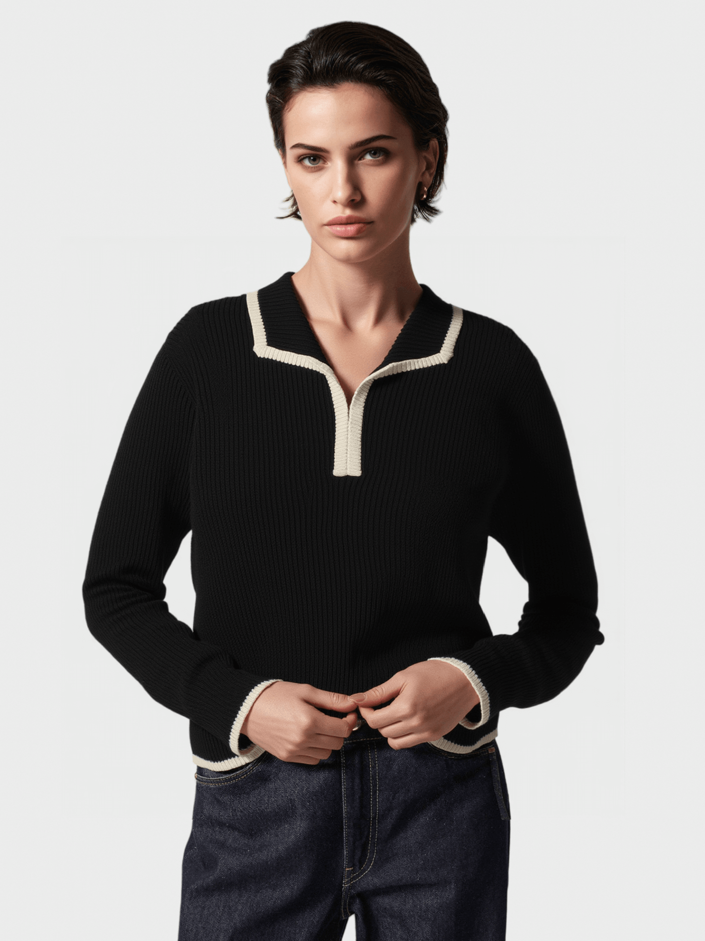 Colorblock Lapel Knit Sweater