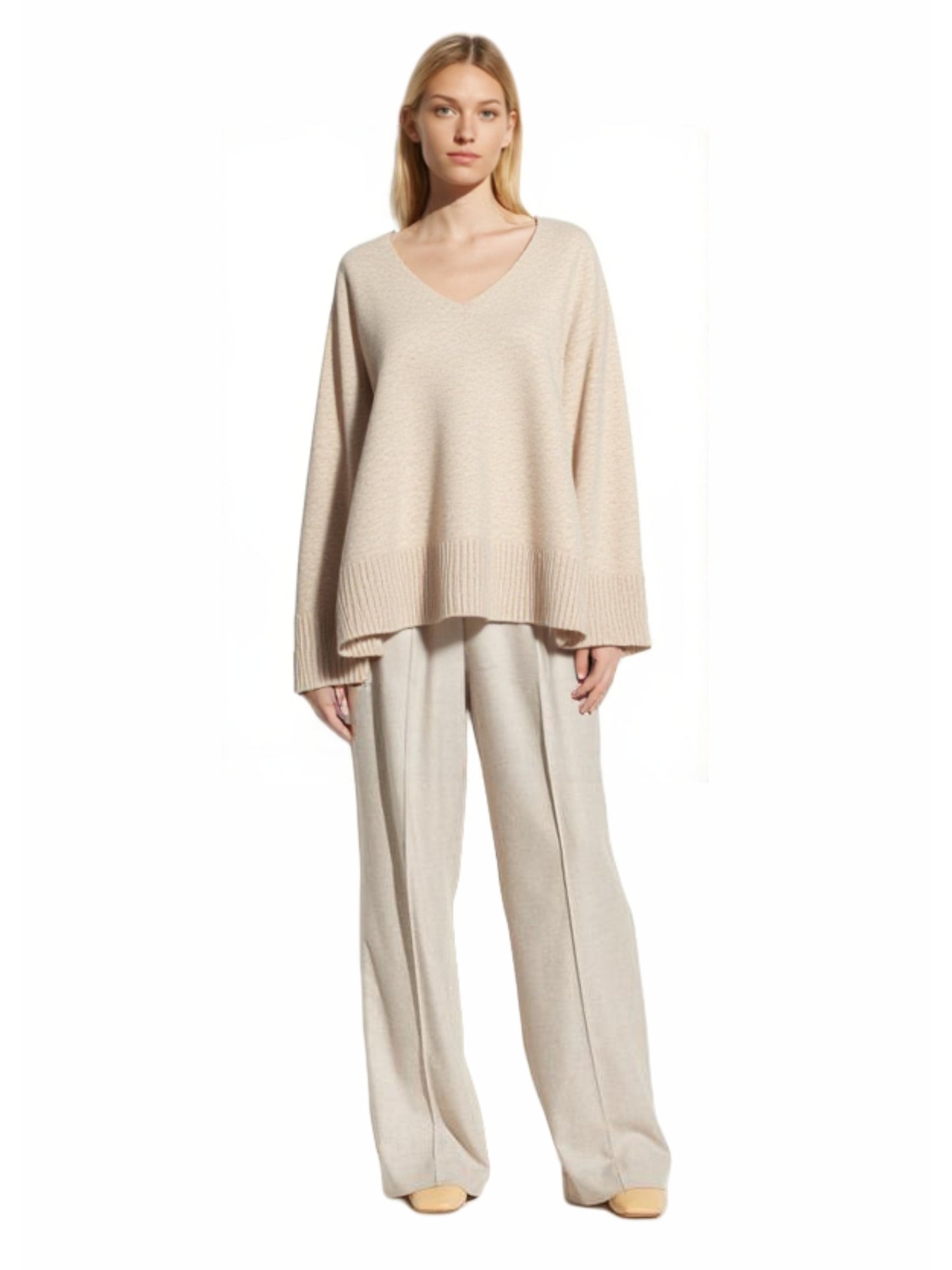 Beige V-Neck Oversized Sweater with Premium Merino Wool - All-Seasonal Comfort, Hypoallergenic, and Modern Silhouette